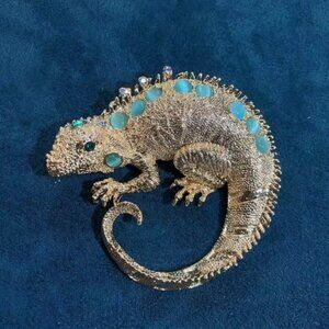 Gothic Gold Lizard Jeweled Reptile with Aqua Crystal Spikes